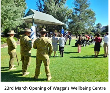 A group of army members and civilians being addressed in Wagga Memorial Park, on the occasion of the opening of a new Veterans Wellbeing Centre.