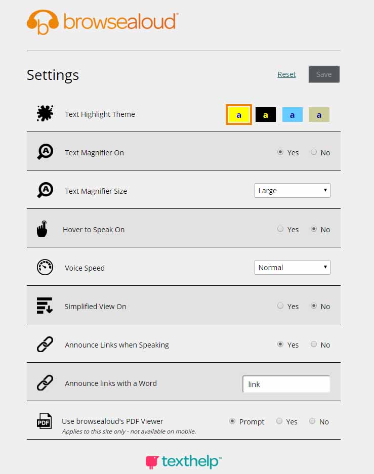 Figure 21: Browsealoud settings screen